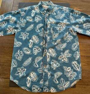 Bugle Boy Company Men's Short Sleeve Button-Down Shirt Teal Blue Floral Leaf